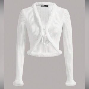SHEIN White Ribbed Faux-Fur Trim Cropped Cardigan